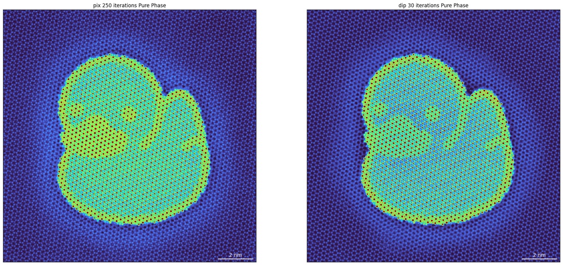 Side by side pixelated and deep prior reconstructions of the same simulated dataset, at 250 and 30 iterations respectively