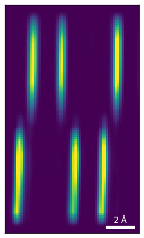 Depth cross-section through a multislice reconstruction showing atomic columns separated along the beam direction