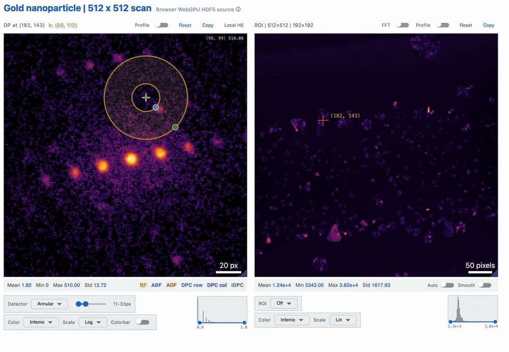 Show4DSTEM WebGPU demo with a diffraction pattern and live virtual detector image